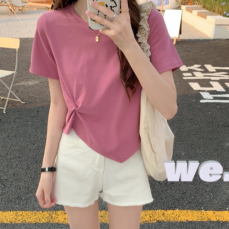 dahong-เสื้อครอปสาวอวบ-แขนสั้นผู้หญิง-ทรงไม่สมมาตร-แฟชั่นฤดูร้อน-เอวลอย-2439