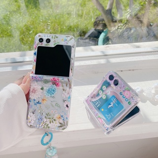 3 in 1 เคสโทรศัพท์มือถือแบบใส กันกระแทก ลายดอกไม้ หมีน่ารัก พร้อมสายคล้อง และจี้ สําหรับ Samsung Galaxy Z Flip5 Z Flip 5 Flip Z 5