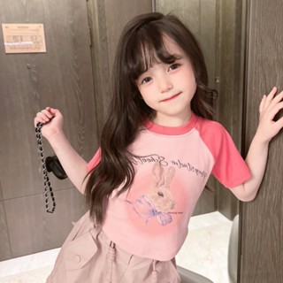 เสื้อยืดแขนสั้นลําลอง เข้ารูป ลายกระต่ายน่ารัก สไตล์เกาหลี แฟชั่นฤดูร้อน สําหรับเด็กผู้หญิง