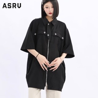 ASRV เสื้อเชิ้ตผู้ชาย อารมณ์สีทึบทั้งหมดตรงกับฮาราจูกุศิลปะซิปเสื้อคอแหลมแขนสั้นเทรนด์หลวมใหม่ยอดนิยม