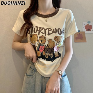 Duohanzi เสื้อยืดแขนสั้น พิมพ์ลายการ์ตูน ทรงไม่สมมาตร สําหรับผู้หญิง