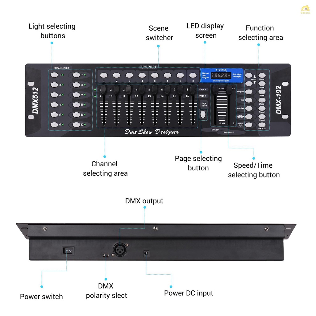 banana-pie-แผงควบคุมไฟดิสโก้-dmx512-192ch-พร้อมเสาอากาศหน้าจอ-led-สําหรับเวที-dj-ผับ-บาร์-ปาร์ตี้-ดิสโก้-งานแต่งงาน