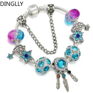 Dinglly สร้อยข้อมือ จี้ตาข่ายดักฝัน ประดับลูกปัดคริสตัล ไล่โทนสีฟ้า สีเงิน Diy