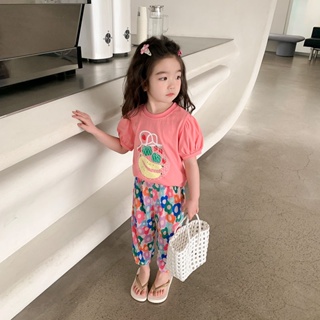 เสื้อยืดแขนสั้น พิมพ์ลายการ์ตูนน่ารัก และกางเกงขาสั้น แฟชั่นฤดูร้อน สําหรับเด็กผู้หญิง อายุ 1-9 ปี 2023
