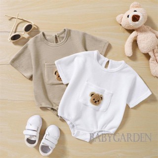 Babygarden ชุดรอมเปอร์ แขนสั้น คอกลม ปักลายหมี วาฟเฟิล สีขาว สีกากี แฟชั่นฤดูร้อน สําหรับเด็กผู้ชาย 0-24 เดือน