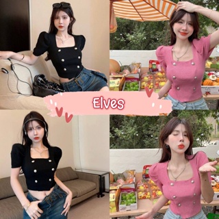 Elves✨พร้อมส่ง✨ เสื้อไหมพรมแขนสามสวย คอกลม ดีกระดุมด้านหน้า ~M5317~ -C