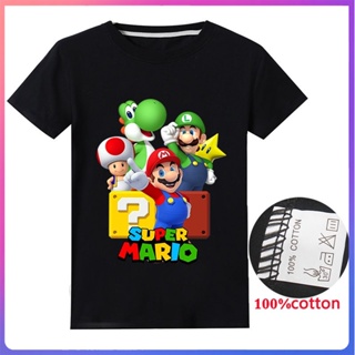 เสื้อยืดแขนสั้น ผ้าฝ้าย พิมพ์ลาย Super Mario สไตล์สปอร์ต สําหรับเด็กผู้ชาย และเด็กผู้หญิง