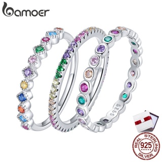 Bamoer Authentic Silver 925 Rainbow Zircon Stackable Band Finger Ring Jewelry For Women &amp; Girls Fit Gifts SCR714