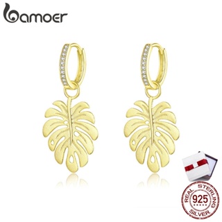 BAMOER Gold Color Leaf for Women Drop Earrings Bohemia Style 925 Sterling Silver BSE223