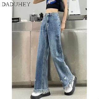 DaDuHey🎈 New Korean Style Ins Retro Washed Raw Edge Jeans Women High Waist Loose Wide Leg Pants