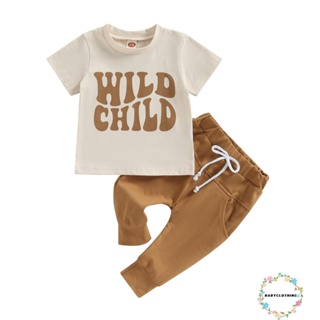 Babyclothes- ชุดเสื้อยืด แขนสั้น พิมพ์ลายตัวอักษร และกางเกง สีพื้น แบบผูกเชือก แฟชั่นฤดูร้อน สําหรับเด็กผู้ชาย