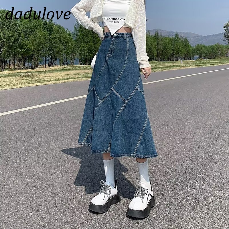 dadulove-new-korean-version-of-ins-retro-stitching-denim-skirt-niche-high-waist-a-line-skirt-package-hip-skirt