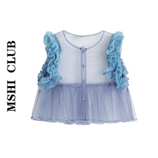 Haze blue net vest womens summer dress design new lotus leaf lace blouse folded baby shirt