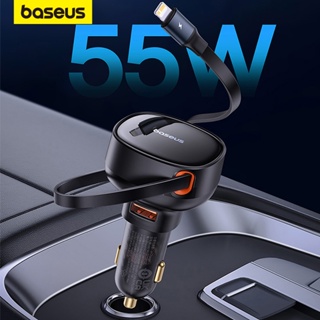 Baseus 2-in-1 ที่ชาร์จในรถยนต์ ชาร์จเร็ว 30W ชาร์จเร็ว PD 25W USB C สายเคเบิลพับเก็บได้ในตัว สําหรับโทรศัพท์ MaBook