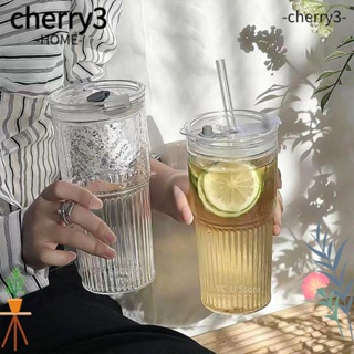 Cherry3 แก้วน้ํา ลายทาง ทนความร้อน ขนาดใหญ่ 600 มล. พร้อมหลอดดูด สําหรับน้ําผลไม้ ชานม