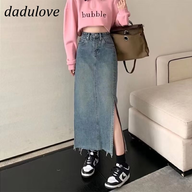 dadulove-new-american-ins-high-street-retro-raw-edge-slit-denim-skirt-niche-high-waist-a-line-skirt-bag-hip-skirt