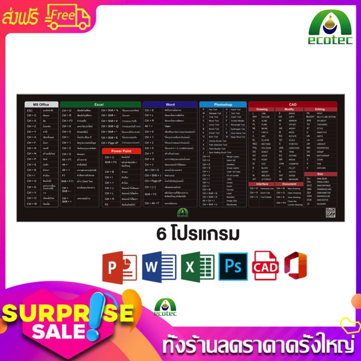 แผ่นรองเมาส์คีย์ลัดภาษาไทย-ขนาดใหญ่-ของขวัญ-แผ่นรองคีย์บอร์ด-อุปกรณ์สำนักงาน-mouse-pad-shortcut-keys