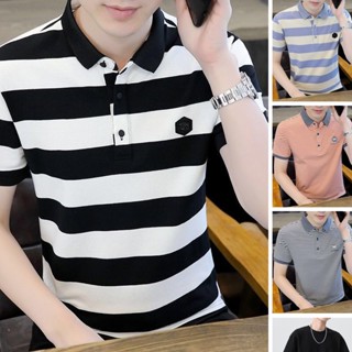 เสื้อโปโลลําลอง แขนสั้น ลายทาง โอเวอร์ไซซ์ สไตล์เกาหลี สําหรับผู้ชาย SLC181