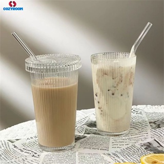 คาเฟ่วินเทจน้ำแข็งลาเต้ถ้วยแก้วกาแฟน้ำแข็งขนาดใหญ่ถ้วยที่มีประโยชน์พร้อมฝาฟางดื่มลายทางแนวตั้ง Sippy ถ้วยใสชาแก้วกาแฟเบียร์นมน้ำผลไม้เครื่องดื่มถ้วยน้ำซินเทีย
