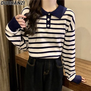 Duohanzi เสื้อยืดลําลอง แขนยาว คอตุ๊กตา ลายทาง สไตล์เกาหลี พลัสไซซ์ สีตัดกัน แฟชั่นฤดูใบไม้ร่วง สําหรับสตรี 2023