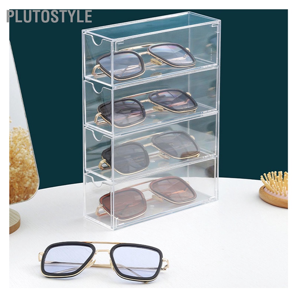 plutostyle-กล่องเก็บแว่นตา-4-ชั้นวางซ้อนกันได้ใสแว่นกันแดดออแกไนเซอร์สำหรับห้องนอนสำนักงาน