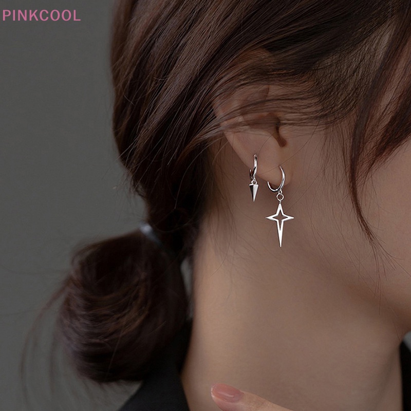 pinkcool-ต่างหูห่วง-เงิน-ทรงกรวย-ไม่สมมาตร-เครื่องประดับแฟชั่น-สําหรับผู้หญิง-วันแม่-ขายดี