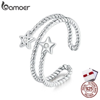 Bamoer Sterling Silver 925 Adjustable Finger Ring Two Star and Line Design Women Statement  Party Jewelry SCR718