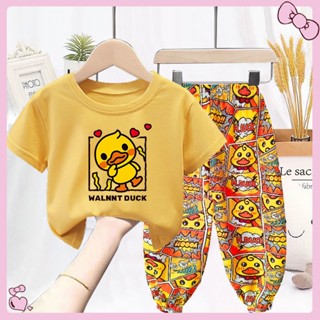 เซ็ต 2 ชิ้น เสื้อยืดแขนสั้นทรงหลวมสไตล์เกาหลีสําหรับเด็กผู้หญิง + กางเกง