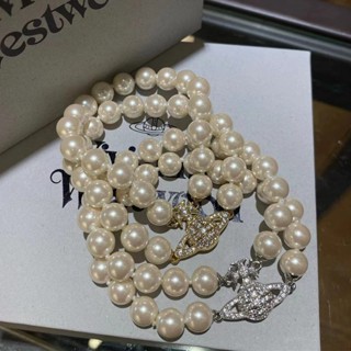Vivienne westwood สร้อยข้อมือ สองชั้น ประดับเพชร ดาวเสาร์ หัวเข็มขัดแม่เหล็ก ราชินี แม่ ตะวันตก มุก หรูหรา ผูกปม สร้อยข้อมือผู้หญิง