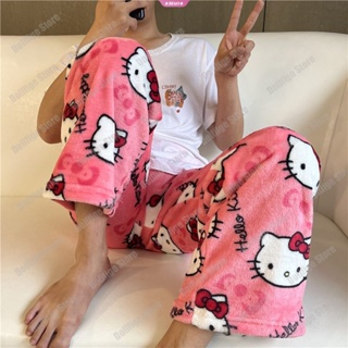 SANRIO ชุดนอนกางเกงลําลอง ผ้าสักหลาด ลายการ์ตูน Hello Kitty ให้ความอบอุ่น สีดํา สีชมพู แฟชั่นฤดูใบไม้ร่วง และฤดูหนาว สําหรับสตรี