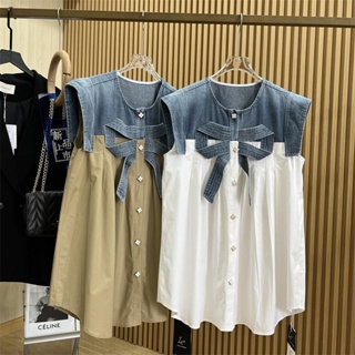 Extra-large size 300 jin European station jeans spliced loose three-dimensional bow decorated with thin shirt dress