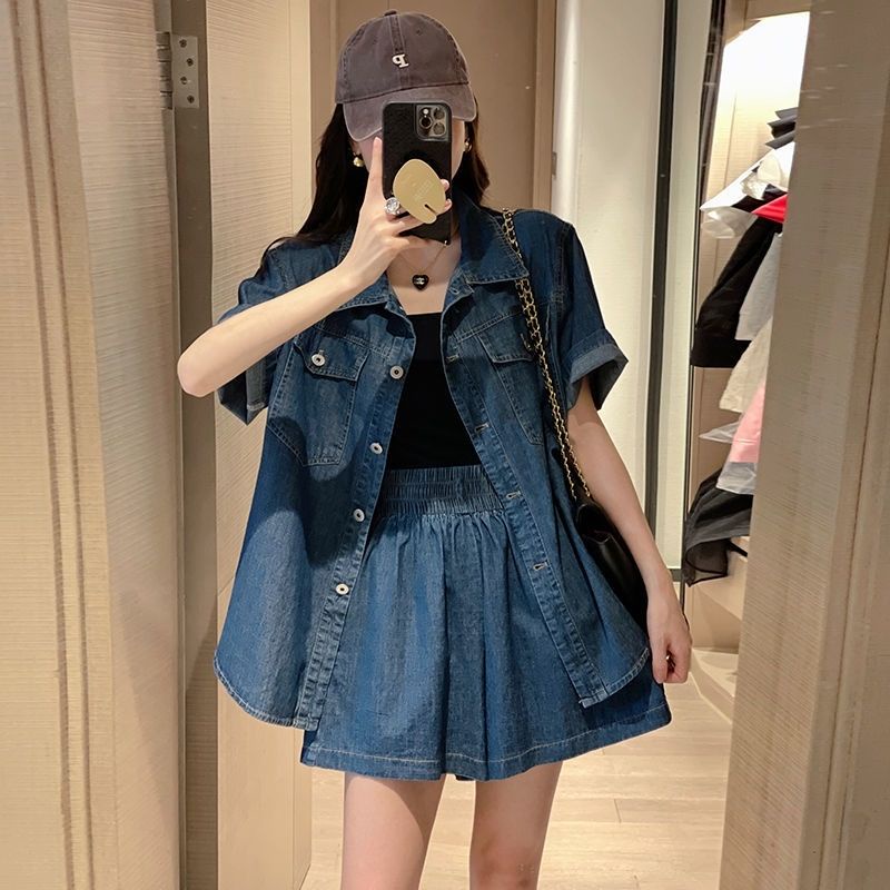 hong-kong-style-casual-fashion-suit-womens-summer-loose-age-reducing-thin-denim-shirt-jacket-shorts-western-style-two-piece-suit