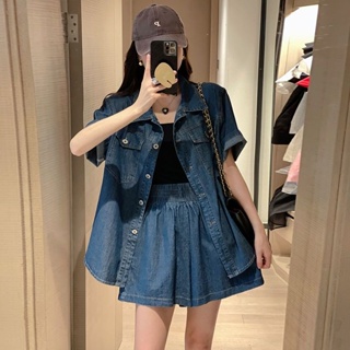 Hong Kong Style Casual Fashion Suit Womens Summer Loose Age-reducing Thin Denim Shirt Jacket Shorts Western Style Two-piece Suit