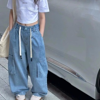 กางเกงคาร์โก้เด็ก ชุดเอี๊ยมกางเกงยีนลําลอง แบบบาง ทรงหลวม สไตล์เกาหลี แฟชั่นฤดูร้อน สําหรับเด็กผู้หญิง 2023