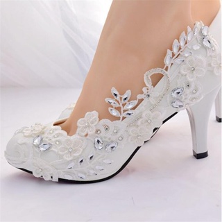 ใหม่ รองเท้าส้นสูง สีขาว หรูหรา สําหรับผู้หญิง เจ้าสาว งานแต่งงาน 2023