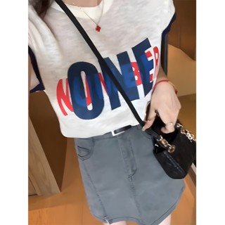 เสื้อยืดแขนสั้น ผ้าเรยอน พิมพ์ลายตัวอักษร สีขาว แฟชั่นฤดูร้อน สําหรับผู้หญิง W7
