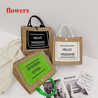 Flowers กระเป๋าถือ ผ้าฝ้าย ผ้าลินิน สไตล์เกาหลีย้อนยุค สําหรับผู้หญิง