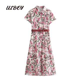 Uibey ชุดเดรส คอปก แขนสั้น พิมพ์ลาย แต่งกระดุมแถวเดียว 4864
