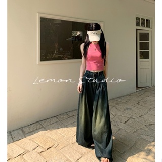 Lemon studio ๆ สไตล์อเมริกัน เสื้อผ้าแฟชั่น กางเกงขายาวผู้หญิง กางเกงเอวสูง เวอร์ชั่นเกาหลีหลวม อเนกประสงค์และดูดี  LHE0194