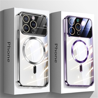 เคสโทรศัพท์มือถือแบบแก้ว ชุบแม่เหล็ก 6D ป้องกันเลนส์กล้อง สําหรับ iPhone 15 14 Pro Max 13 12 11 X XR XS 14Plus