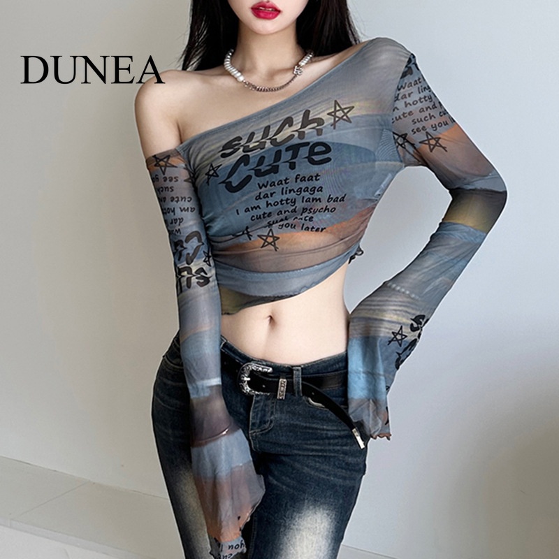 dunea-เสื้อยืด-แขนยาว-เปิดไหล่-พิมพ์ลายตัวอักษร-หลากสี-เซ็กซี่-สําหรับผู้หญิง