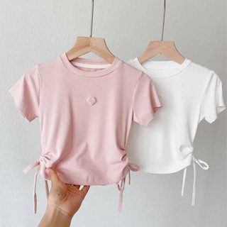 พร้อมส่ง ขายดี เสื้อยืดแขนสั้น แบบผูกเชือก ประดับไข่มุก สไตล์เกาหลี ญี่ปุ่น สําหรับเด็กผู้หญิง 2023