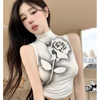 ใหม่ เสื้อยืดแขนกุด คอเต่า พิมพ์ลายดอกกุหลาบ สไตล์เกาหลี เซ็กซี่ สําหรับผู้หญิง