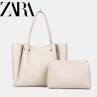 Zara ใหม่ กระเป๋าสะพายไหล่ กระเป๋าถือ หนังนิ่ม ทรงโท้ท ขนาดใหญ่ จุของได้เยอะ แบบพกพา สไตล์มินิมอล สีดํา สําหรับสตรี 2022 2 ชิ้น