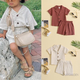 Babygarden-6 เดือน -4 ปี ชุดเสื้อผ้าเด็กผู้หญิง ผ้าฝ้าย ลินิน แขนสั้น คอปก ติดกระดุม + กางเกงขาสั้น เอวยางยืด