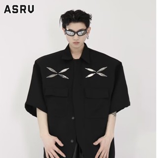 ASRV แฟชั่นแขนสั้นผู้ชายทุกการแข่งขันคอสี่เหลี่ยมอินเทรนด์แบบตรงขี้เกียจญี่ปุ่นง่าย ๆ เสื้อเชิ้ตผู้ชายและผู้หญิงยอดนิยม