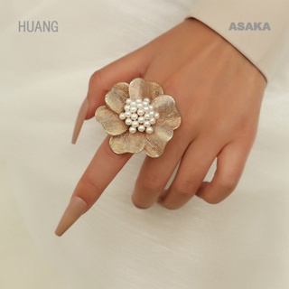 Asaka สร้างสรรค์ เสน่ห์ โลหะ มุก ดอกไม้ แหวน ปรับได้ สําหรับผู้หญิง อารมณ์หรูหรา เกินจริง เครื่องประดับ สุนทรียศาสตร์ ย้อนยุค