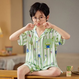 Summer new short-sleeved silk childrens pajamas Cute cartoon monster kids home clothes
