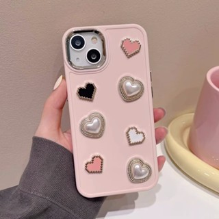 เคสโทรศัพท์มือถือ TPU ผิวด้าน ป้องกันเลนส์กล้อง ประดับมุก สีชมพู 3D สําหรับ Iphone 11 12 13 14 Pro Max