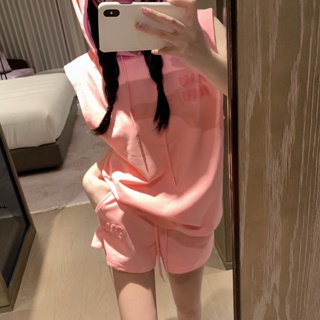 IVC4 MIU MIU 23 spring and summer new towel embroidered letter hooded sleeveless top drawstring elastic waist shorts suit